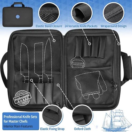 Vista 4 de XYJ Bolsa para cuchillos de 26 ranuras, estuche de transporte de tela Oxford, estuche de almacenamiento profesional para cuchillos de chef