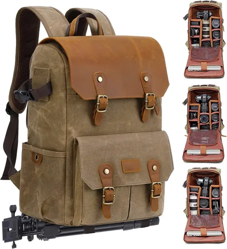 Vista 7 de JAEP Mochila para Cámara - Resistente a la Intemperie, Lona Encerada de Memoria de 16 Onzas – Mochilas DSLR SLR con compartimento para funda
