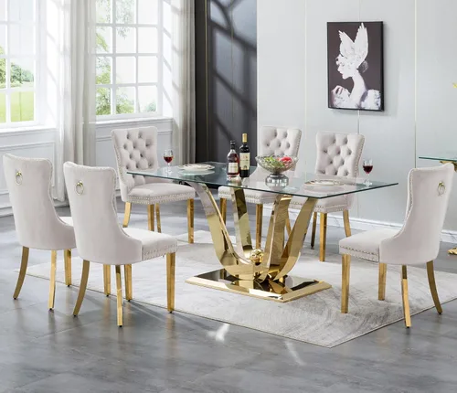 Vista 33 de SSLine Mesa de comedor de cristal dorado de 70 pulgadas para 4-6, base de Mesa de oro floral