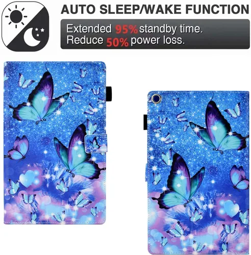 Vista 4 de Funda para tablet Fire HD 8 (8ª/7ª/6ª generación, versión 2018/2017/2016), funda protectora de piel sintética con función atril y encendido Mariposa