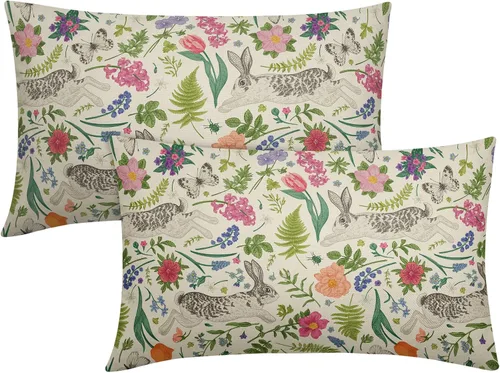 Vista 20 de Juego de 2 fundas de almohada de primavera de 16 x 16 pulgadas, diseño de conejo, flores rosas, hojas verdes salvia, plantas botánicas vintage