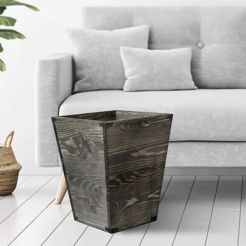 Vista 6 de Basurero cuadrado de madera estilo granja con soportes metálicos decorativos para dormitorio, sala de estar, baño y oficina, papelera (gris rocho)