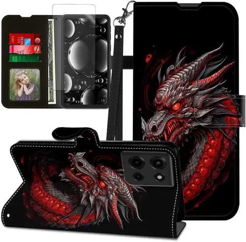 Vista 75 de Funda para Motorola Edge 2022 con protector de pantalla, soporte y tarjetero y correa para la muñeca, funda magnética para Moto Edge 2022 5G UW Lobo
