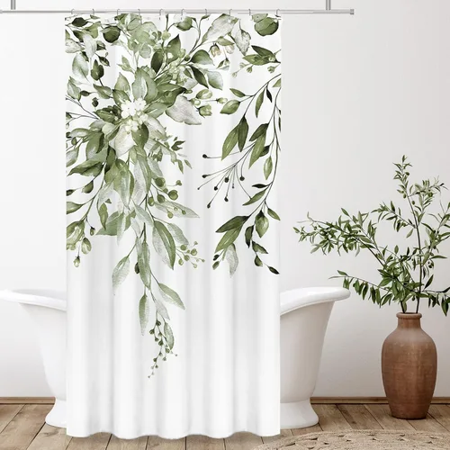 Vista 10 de Tititex - Juego de cortinas de ducha de eucalipto negro, hojas de acuarela gris en la parte superior, con decoración floral de baño, 60 x 72