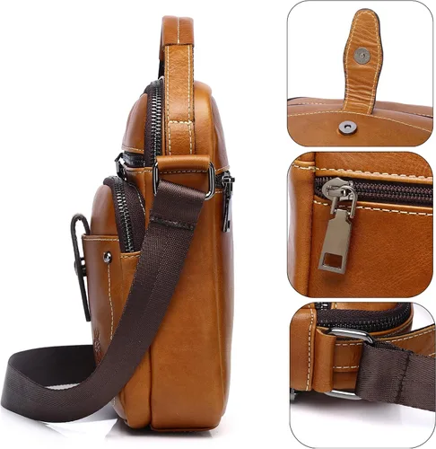 Vista 4 de LUKZIJAES Bolso de mensajero de cuero genuino para hombre, ligero, vintage, bandolera, pequeño, bolso casual para hombre
