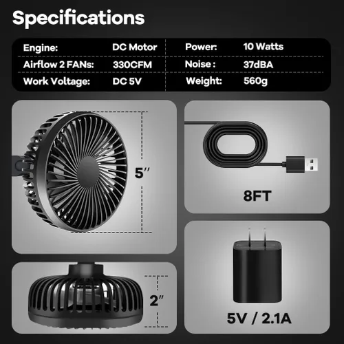 Vista 3 de Ventilador para Tienda de Cultivo, 5 Pulgadas, Dos Ventiladores para Plantas de Invernadero, Circulación de Ventilación en Todas las Direcciones