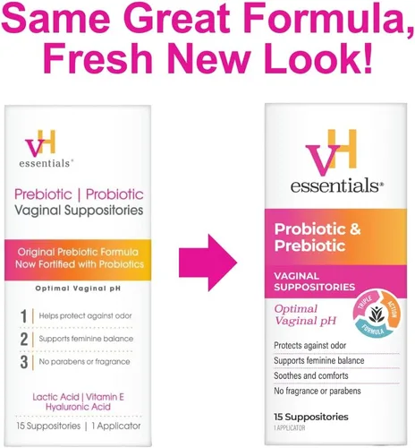 Vista 2 de vH essentials Supositorios vaginales prebióticos con pH equilibrado, protegen naturalmente contra el olor, caja de 15 unidades Prebiotic Formula