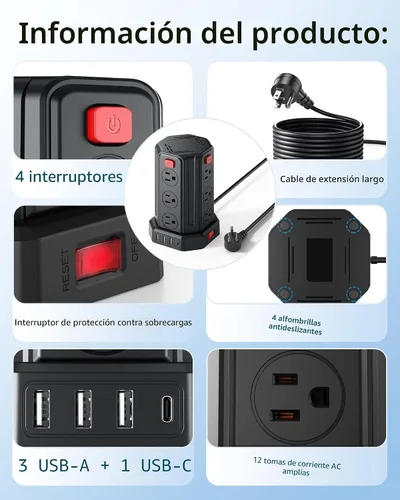 Vista 3 de Tira de alimentación con protector de sobretensiones, cable de extensión de 6.5 pies con 12 tomas múltiples de CA, 4 USB (1 USB C), estación de Negro