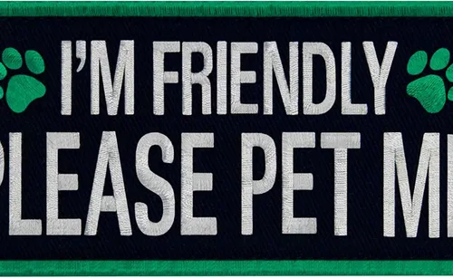 Vista 2 de TailWag Planet Service Dog I'm Friendly Please Pet Me Parche Bordado Chaleco/Arneses Insignia de Gancho y Bucle Emblema
