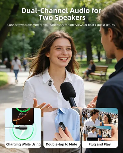 Vista 9 de Mini micrófono inalámbrico Lavalier para iPhone y cámara Android, micrófonos inalámbricos de doble canal con cancelación de ruido AI, rango de 328