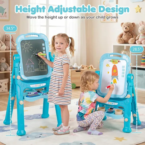 Vista 3 de Costzon 4-in-1 Height Adjustable Art Easel for Kids Magnetic Chalkboard & Whiteboard w/ Storage Tray and Detachable Design, No-Tool Assembly, Gift