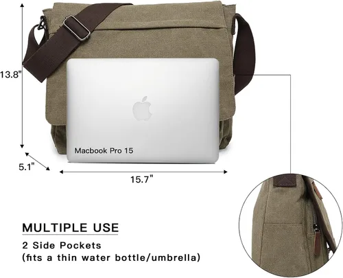 Vista 2 de Bolso bandolera grande de lona vintage para laptop de 15 pulgadas