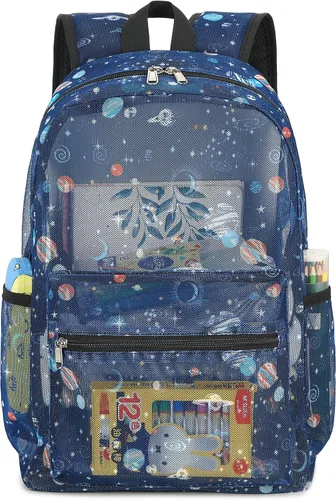 Vista 9 de CAMTOP Mochila de malla para niños y niñas, mochila transparente para preescolar, mochila casual para escuela, playa, viajes, deportes, Azul
