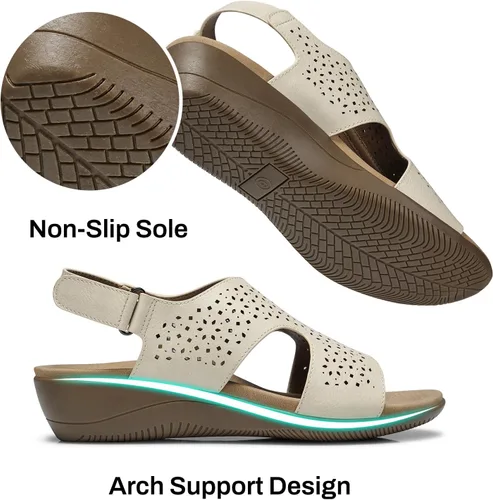 Vista 4 de SHIBEVER Sandalias planas para mujer, cómodas y elegantes, con soporte de arco ortopédico, puntera abierta, sandalias de verano para caminar