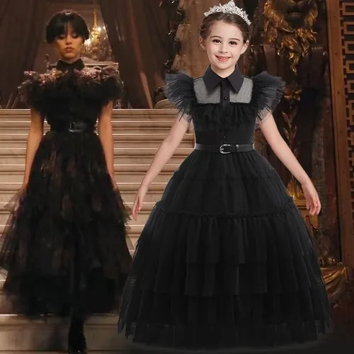 Vista 6 de Gofdsyeid Addams - Disfraces familiares para niñas y niñas, disfraz de Addams, vestido de fiesta de Halloween o cosplay
