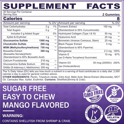Vista 2 de Gomitas de condroitina de glucosamina, suplemento MSM de glucosamina condroitina sin azúcar, extra fuerte con cúrcuma boswellia, colágeno