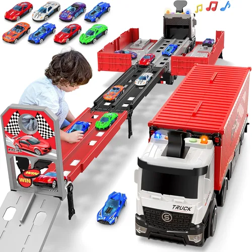 Vista 8 de Camión de carreras para niños, juguete plegable de 3 capas para niños, camión de juguete para transportar autos y 8 autos de carreras, juguetes