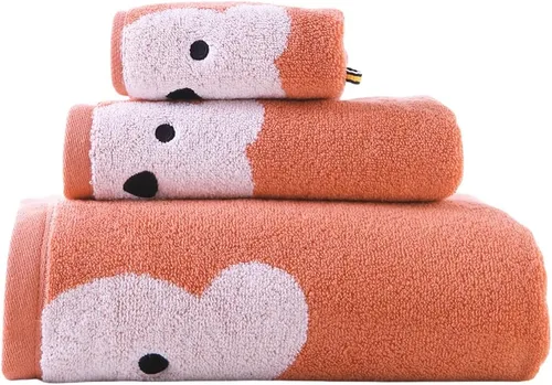 Vista 12 de Juego de 3 toallas de baño de alta calidad para niños (oso travieso), 1 toalla de baño, 1 toalla de mano, 1 toallita, secado rápido, 100% algodón