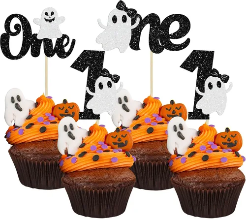 Vista 8 de Gyufise 24 adornos para cupcakes de Halloween con calabaza, fantasma, purpurina negra, decoraciones para cupcakes para niños, decoración de fiesta