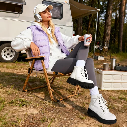 Vista 4 de DREAM PAIRS Botas de tobillo con cordones para mujer,Fuerte Blanco