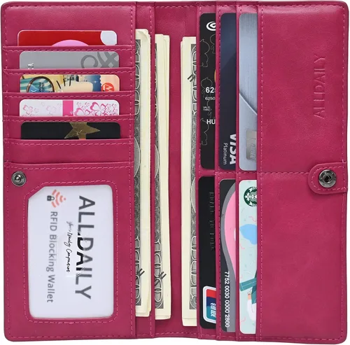 Vista 6 de Alldaily Ultra Delgado Fina Cartera para Mujer Bloqueo RFID Titular de Tarjetas de Crédito Bifold Largo Billfold Damas, Fucsia púrpura, Minimalista