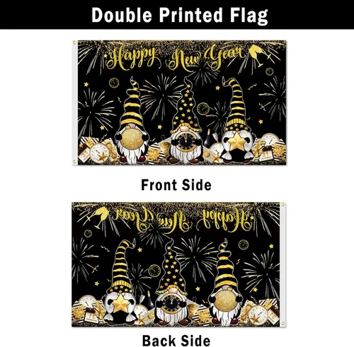 Vista 4 de SENSEVEN Bandera de Feliz Año Nuevo 3x5 Pies Doble Cara, Bandera de Gnomo Dorado, Bandera de Gnomo de Víspera con Reloj y Fuegos Artificiales