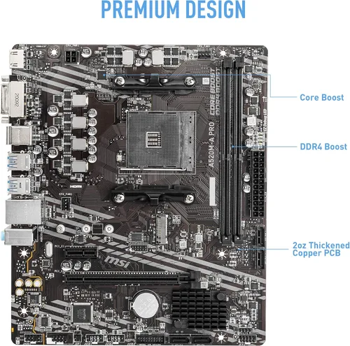 Vista 2 de MSI A520M-A PRO Placa base para gaming (AMD Ryzen 5000, AM4, DDR4, PCIe 3.0, SATA 6Gb/s, M.2, USB 3.2 Gen 1, DVI/HDMI, Micro-ATX)