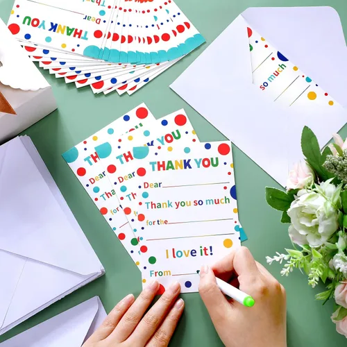 Vista 3 de Sherr 200 tarjetas de agradecimiento para niños con sobres, con notas de agradecimiento en blanco, arco iris, fiesta de cumpleaños, postal