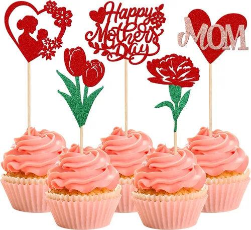 Vista 19 de Rsstarxi 1 paquete de decoración para pastel con flores de purpurina con doble corazón Love Mom Best Mom Best Mom Cake Pick Decoraciones para feliz