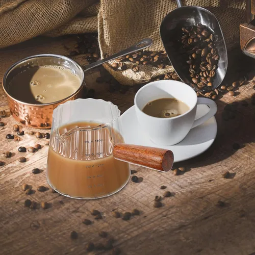Vista 9 de Taza medidora de vaso de chupito de café expreso, jarra triple de 6 onzas, taza de leche con mango de madera, lado de vidrio, para tetera de té