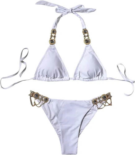 Vista 7 de Women's Low Waist Bikini Swimsuit Halter Lace Up Tie Side Two Piece Bathing Suit with Artificial Crystal Diamond AG-84