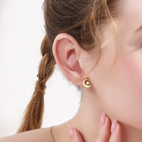 Vista 6 de Pendientes de tuerca con estrella de luna crecienteAnkh, aretes de acero inoxidable chapados en oro de 18 quilates, joyería para mujer