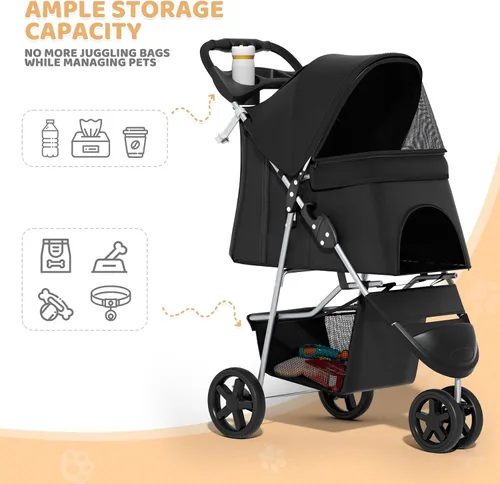 Vista 6 de Magshion Cochecito para mascotas de 3 ruedas, cochecito de viaje plegable para perros y gatos pequeños y medianos (hasta 33 libras), transportador
