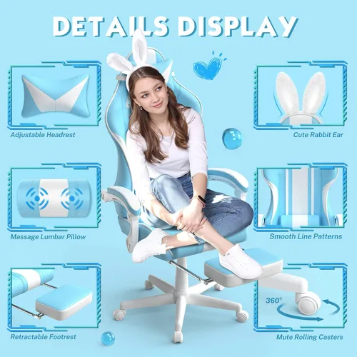 Vista 4 de Ferghana - Silla de juego Kawaii en azul claro con orejas de conejo, silla Gamer ergonómica y linda con reposapiés y masaje, silla de juego
