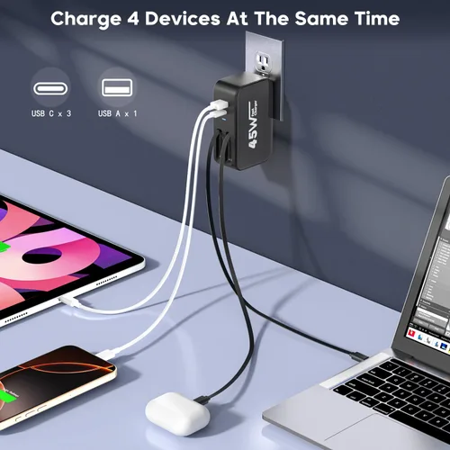 Vista 2 de Cargador de pared retráctil 4 en 1, enchufe de cable USB C doble, cargador USB C de 45 W, cargador retráctil rápido para iPhone, bloque plegable