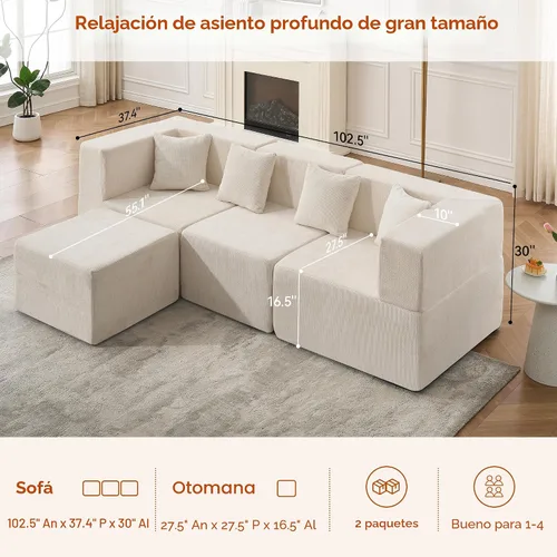 Vista 3 de MONVANE Sofá Seccional Modular de 103'', Sofá Seccional Cloud con Otomana, Sofá Convertible de Chenille en Forma de L con Asiento Profundo, Sofás