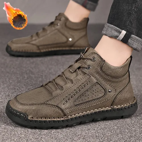 Vista 2 de PURCHAWEE Zapatos de senderismo de cuero para hombre, botas Chukka, costura a mano, antideslizantes, buen soporte de arco, zapatos casuales
