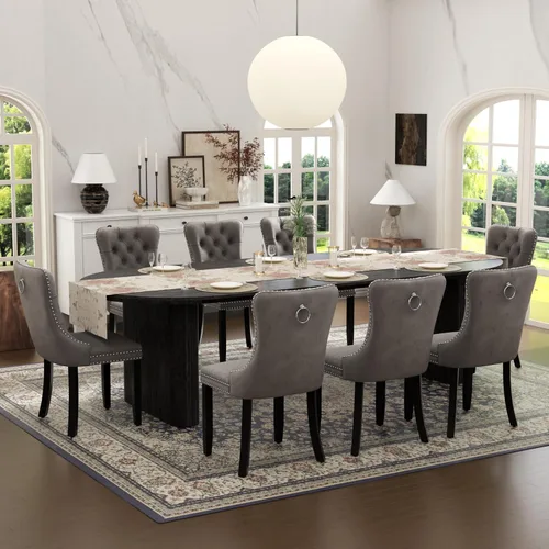 Vista 21 de Juego de mesa de comedor ovalada extensible con 4 sillas tapizadas de terciopelo de alta gama, mesa de cocina de 59 a 91 pulgadas y sillas