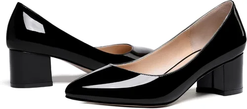 Vista 6 de WAYDERNS Zapatos de tacón bajo grueso de charol para mujer, con puntera redonda, 2 pulgadas