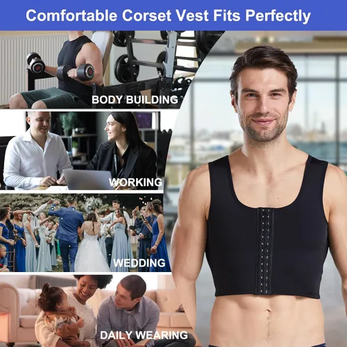Vista 7 de Chaleco de compresión para hombre, fajas de entrenamiento para hombre, soporte de espalda, ginecomastia Negro