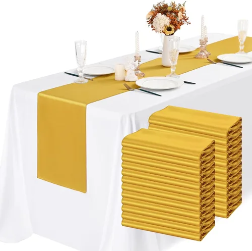 Vista 16 de Paquete de 24 caminos de mesa de satén negro de 12 x 72 pulgadas de largo, seda brillante, tela suave, dorada, para fiesta, boda, recepción