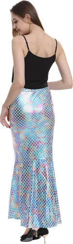 Vista 7 de ReneeCho Disfraz de sirena para mujeres adultas, traje de falda larga elástica brillante para Halloween, juego de rol, cintura incluida, cadena