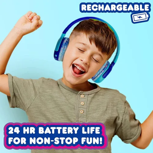 Vista 4 de Move2Play, Kidz Bop, auriculares Bluetooth para niños Micrófono y altavoces de alta definición Limitación de volumen de 94dB Inalámbricos Azul