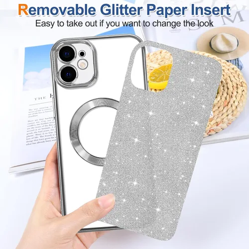 Vista 87 de Hython para iPhone 15 Plus Funda con chispas brillantes, Fundas transparentes magnéticas con protector de lente de cámara [Compatible con MagSafe]