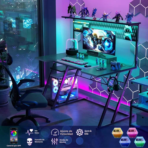 Vista 4 de Escritorio para computadora de juegos Armocity con estantes y tomas de corriente, escritorio de juegos con alacena y luces LED, escritorios