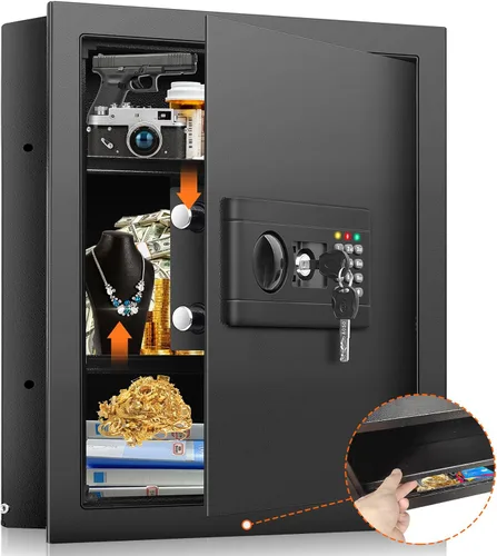 Vista 8 de Caja fuerte de pared de 17.7 pulgadas de alto entre los postes de 16 pulgadas, caja fuerte de pared oculta con 2 estantes extraíbles y bandeja