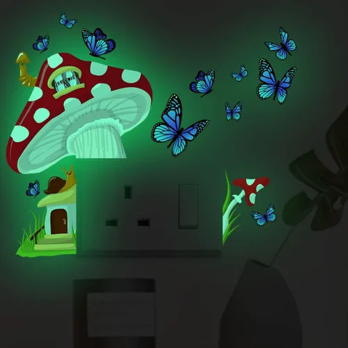 Vista 7 de Calcomanía de pared que brilla en la oscuridad con forma de hongo grande, calcomanías luminosas de pared para casa de caracol, hierba azul