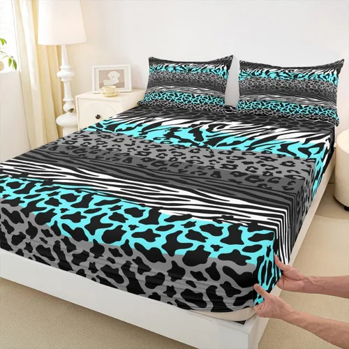 Vista 29 de Sábana bajera ajustable con estampado de leopardo, tamaño individual, juego de ropa de cama rústica con rayas de piel de cebra, decoración