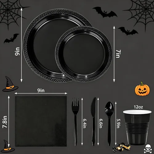 Vista 2 de WELLIFE 210 platos de plástico negro, platos desechables negros para fiesta