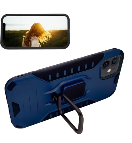 Vista 5 de MODOS LOGICOS Funda para iPhone 12 / iPhone 12 Pro de 6.1 pulgadas, 2 capas a prueba de golpes con soporte de anillo giratorio de metal 360 Azul